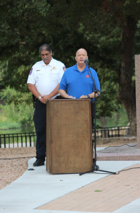 During the memorial ceremony Sept. 11, 2023, the innvocation was lead by Rotarian Greg Gathright. Pictured behind him is Marble Falls Fire Rescue Chief Thomas Crane. Photos by Connie Swinney/The Highlander