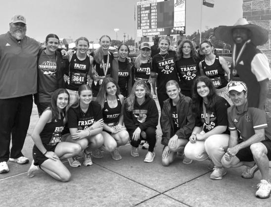 The 2024 Faith Academy track and field team ends its season at the Class 3A state meet. The participants are Carly Owens (front row, left) Audri Poage, Anabelle Merlick, Charlee Ehrig, Claire Poage, Morgan Weems, head coach Steve McCannon; assistant coach Jay Silvers (back row, left) Kenley Virdell, Reese Ramsey, Sidney Solomon, Ana Beltran, Zoe Rhoads, Landyn Pfeiffer, Taelyn Wendt, Haley Kruger and assistant coach Cedric Griffin. Contributed photo