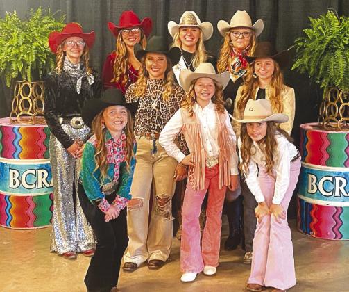 (back) Hayden McCombs, Harley Brady, Trinity Frazier, Zoe Ward (front) Jade Simon, Ella MacFarland, Baylee Steele, Addison Steele, and Aria Parks posed in their fashion show outfits Saturday May 4, at the Burnet County Rodeo Association 2024 Scholarship Pageant.