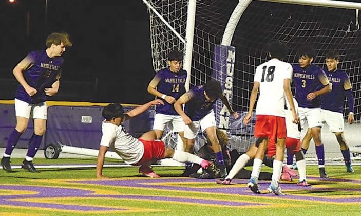 The Marble Falls Mustangs boys soccer team is ranked No. 1 in Class 4A Region IV by Lethal Enforcer, considered the No. 1 source for Texas high school soccer. Pictured is a match against Salado in December. Contributed photo/Marble Falls Athletic Booster Club
