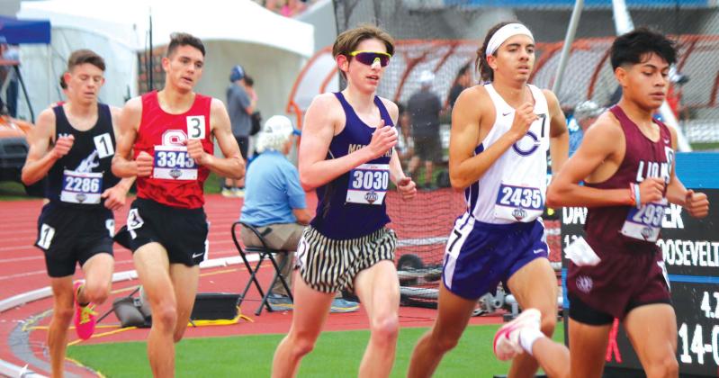 Staying near the front of the pack is a must for Marble Falls junior Tyler Hamblin (3030), which allows middledistance runners to pick and choose when they're going to go faster. Martelle Luedecke/Luedecke Photography
