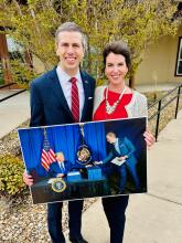 Scott Toland and State Rep. Ellen Troxclair (HD-19) admired a rare and candid photo of the 45th president of the United States, during the March BCRW meeting. Contributed photos/Diane Brummell