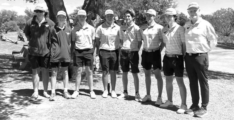 The Marble Falls High School boys golf team finishes third at the District 24-4A tournament April 1-2. The team includes Ryan Valentine (left), Beckett Berkman, Kolton Pannell, Camilo Montez, Ryan Nolen, Porter Vinson, Ross Oelschleger and coach Lonnie Tackitt. Contributed photo