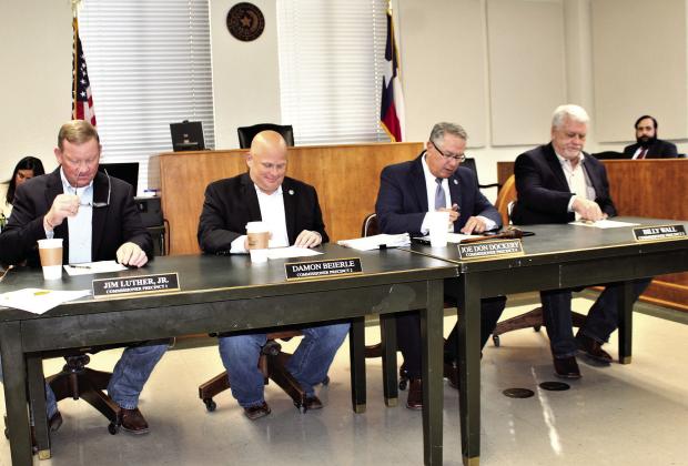 The Burnet County Commissioners Court was required to designate a commissioner (Pct. 4 Commissioner Joe Don Dockery) as presiding officer over meetings, due to County Judge James Oakley's temporary suspension. Pictured, from left, are Pct. 1 Commissioner Jim Luther, Jr., Pct. 2 Commissioner Damon Beierle, Dockery and Pct. 3 Commissioner Billy Wall.