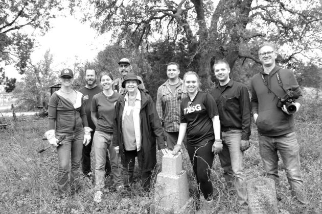 Nov. 18, several volunteers helped clean up Stringtown Cemetery, an old Burnet County graveyard along CR 326A between Bertram and Oatmeal. (From left, front row) Tanna Burge, Barbara Lamb, Burnet Historical Commission President Rachel Bryson and Nicole Ritchie and (back row) Jason Jewett, Reno Lamb, Lee Kirkland, Michael Ritchie and Jonathan Perkins. Photos by Raymond V. Whelan/The Highlander