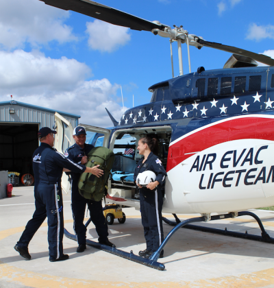 Air Evac 49 operates a base in Marble Falls. Pictured, from left, are Flight Nurse David Stotz, pilot Rick Neely and Flight Paramedic Katherine Baxter. Photo by Connie Swinney/Highland Lakes Newspapers