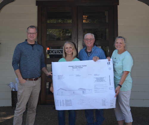 Members of the Joseph’s Hammer board of directors thanked Jerome Rugen of Delineations for their help on the Ellen Halbert Unit worship center project. From left are Rugen and Joseph’s Hammer board members Helen Smith, Davey Haberer and Paige Lechler. Contributed