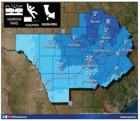 Temperatures which dipped into single digits in Burnet and Llano counties were among the coldest reported in 32 years and even lower temperatures, including some which could reach into negative numbers for the first time since 1949, were anticipated. Contributed/NWS