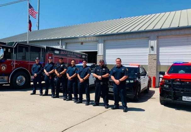 Members of the Marble Falls Police Department and Marble Falls Fire Rescue honored Texas Department of Public Safety (DPS) Trooper Chad Walker, who was shot and killed during a traffic stop near Mexia over the weekend. Texas Gov. Abbott asked officers to turn on their red and blue flashing lights for one minute at 1 p.m. today April 1, to honor Trooper Walker and all officers in Texas. Contributed/MFFR
