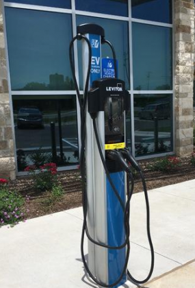 An electric vehicle charging station is located on the grounds of the Pedernales Electric Cooperative facility in Marble Falls. Burnet County Commissioners are applying for a grant to purchase some to put on county property. Contributed