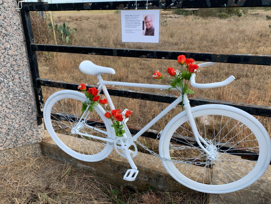 In 2019, a Ghost Bike memorial was installed for a bicyclist who was struck and killed by a trailer being towed by a pickup. Since an uptick in those types of incidents, TxDOT is remindings motorists on state highways to pay close attention. File photo 