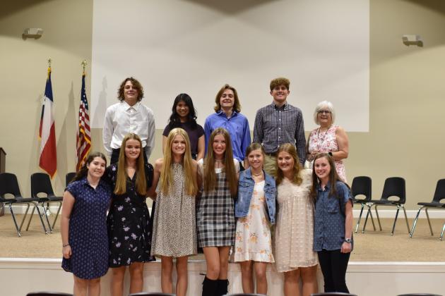 The current officers are, top row, from left: Vice President Dylan Offutt, President Libby Ross, Secretary Connor Turrentine, Treasurer Case Coleman and Advisor Lynn Kelley. The 2021 inductees are, bottom row, from left: Ella Plante, Audri Poage, Claire Poage, Avery Meredith, Taylor Mason, Kailey Van Gundy and Elleson Lehmberg. Contributed/Faith Academy of Marble Falls