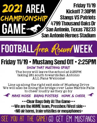The Marble Falls Mustangs continue their playoff push on Friday night in San Antonio against Veterans Memorial High School of Mission. The game will be played at Heroes Stadium, 4799 Thousand Oaks Drive. Kickoff is scheduled for 7:30 p.m. 