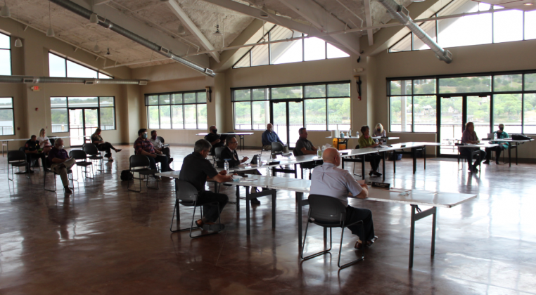 Pictured is a Marble Falls City Council meeting at Lakeside Pavilion in May 2020. Filing for two seats on the council are underway. File photo