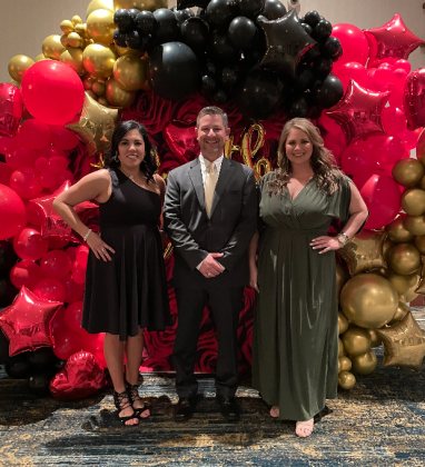 Marble Falls/Lake LBJ Chamber of Commerce admistration Veronica de la Hoya (left), membership coordinator; Jarrod Metzgar CEO/president; and Katie Savage, special events coordinator organized the event which has received accollades from attendees for its element of glamour, fine dining and well-deserved honors for leaders in the business community.