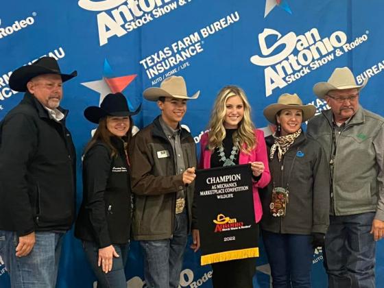 Bryce Atkinson and Kambell Stewart received accollades for their competition success at the recent San Antonio Stock Show and Rodeo, which ran Feb. 10 to 26. The duo, pictured in one of the images with stock show committee members, were awarded the overall Grand Champion Award for their Kuhl Haus Cooler and Processing Station.  Contributed photos/ Mikayla Herron