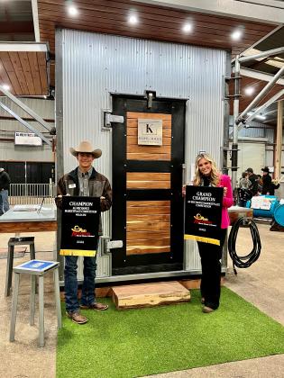 Bryce Atkinson and Kambell Stewart received accollades for their competition success at the recent San Antonio Stock Show and Rodeo, which ran Feb. 10 to 26. The duo, pictured in one of the images with stock show committee members, were awarded the overall Grand Champion Award for their Kuhl Haus Cooler and Processing Station.