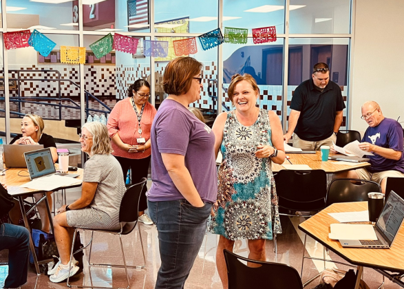 Melissa Fontenot, left, a Marble Falls Middle School theater arts teacher, and Michelle Jett, MFMS multimedia department director shared a moment during a teacher workshop Aug. 3. Educators are prepping for the 2022-23 school year. The first day of school is Aug. 17. Contributed photo