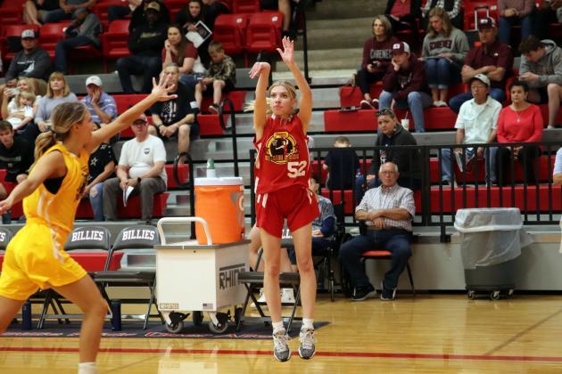 Alyssa Berkman, pictured here March 25 for a three-point shot, was named “Most Valuable Player” for the North team at the Chicken Express Basketball All-Star Classic in Fredericksburg. Martelle Luedecke/ Luedecke Photography 