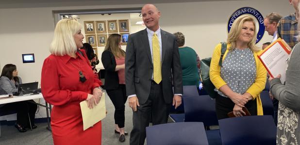 On March 25, Copperas Cove ISD offered congratulation to Damon Adams, principal of Marble Falls ISD for accepting the CCISD assistant superintendent position. He and his family attended a school board meeting (pictured here) for the Central Texas district on March 21. Contributed photo/Copperas Cove ISD