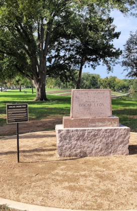 The long-lost memorial to Burnet County pioneer Oscar Fox has been re-installed in Lakeside Park. Contributed photo