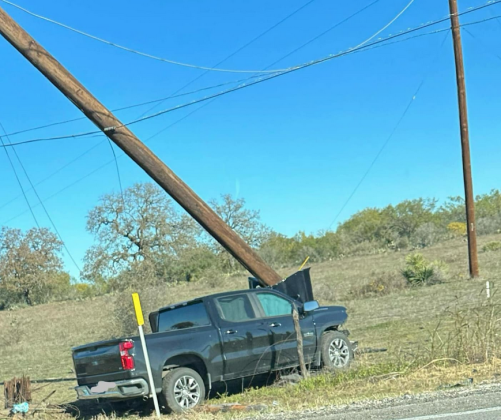 A vehicle collided with a utility pole on RR 1431 just east of Granite Shoals Dec. 10, causing temporary power outages, including a five-hour stint for some residents off Valley View Lane. Information about the crash report is pending. Contributed photo