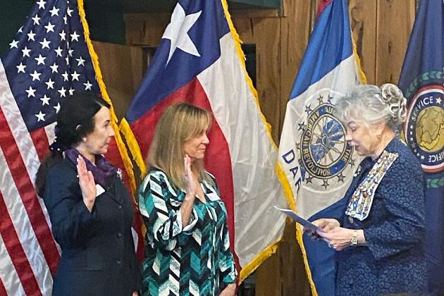 From left, Cindy Dire and Virginia Evangelides are welcomed into TXDAR by State Chaplain Georgi Brochstein. Contributed photo