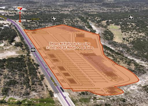 Pending official approval, the new shopping center in Marble Falls near Flatrock Creek will host dozens of restaurants and retailers. Contributed rendering