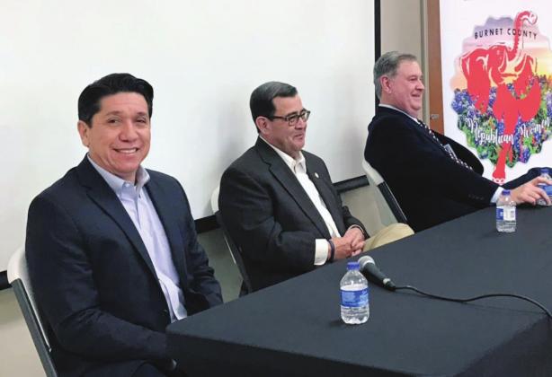 SD24 candidates, from left, Lt. Col. (Ret.) Raul Reyes, Pete Flores and Lamar Lewis shared their views on issues with Burnet County voters Jan. 13, as forum guests of Burnet County Republican Women. They are slated to make more appearances at upcoming events. Contributed/Mary Jane Avery