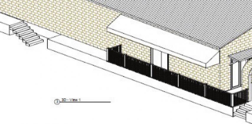 A construction drawing indicates the placement of an outdoor seating patio in the 300 block of Main St., scheduled to be completed by a private property owner in an agreement with the city. Contributed rendering/City of Marble Falls