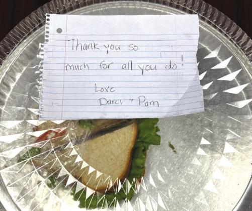 Darci's Deli included a handwritten note with their food donation (nearly all already eaten) at Marble Falls Police Department. Contributed photo