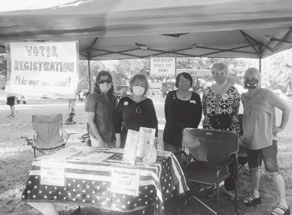 HLDW members and friends helping with voter registration. From left are Cynthia Chisolm, Evelyn Acosta Cone, Jimmie Rushing, Kitty Palmer and Susan Mitchell. Cynthia, Jimmie and Kitty are volunteer deputy registrars. Contributed