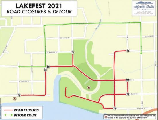 Maps show the location of parking and shuttle services (left) and road closures and detours (right) to take effect on Friday in preparation for Lakefest 2021. Contributed/City of Marble Falls