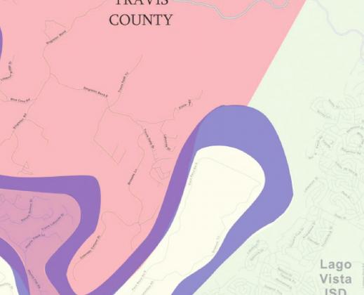 The Tessera on Lake Travis development will run into the far eastern portion of Colt Elementary’s boundary (shown in pink) at the top of the bend in Lake Travis. Developers are asking for an adjustment to be able to pitch proximity to schools for sales. Lago Vista ISD territory is shown in light green. Contributed/MFISD