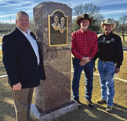 From left, Burnet County Judge James Oakley, descendant Hunter Burnham and Burnet County Pct. 4 Commissioner Joe Don Dockery were among attendees at the Jan. 30 ceremony for the 'Burnham Bros.' memorial stone erected at Lakeside Park in Marble Falls. Contributed/James Oakley