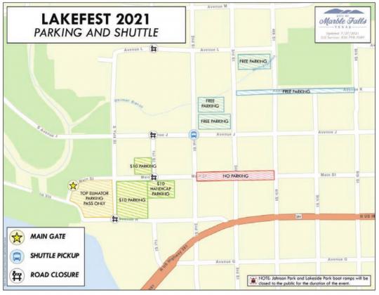 Maps show the location of parking and shuttle services (left) and road closures and detours (right) to take effect on Friday in preparation for Lakefest 2021. Contributed/City of Marble Falls