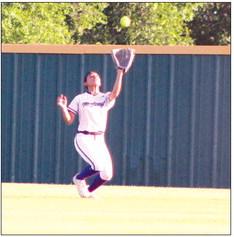 Marble Falls sophomore centerfielder Marisol Ramos makes the catch before throwing to third for a double play against Lampasas. Photos by Jennifer Fierro/TexasChalkTalk.com