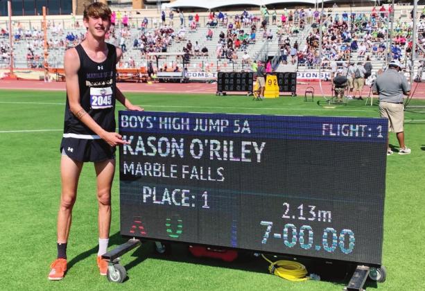 The best in Texas MFHS senior Kason O’Riley finished first in the high jump at the UIL State track and field meet on Friday, May 7 at the University of Texas at Austin. His competitors were all eliminated at 6’7” but he contined jump all the way to seven feet. Contributed
