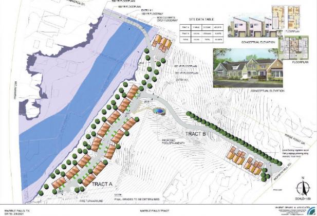 The planned townhome development, nestled in a t-shaped property between U.S. 281 and Mormon Mill Road, has proposed gated entryways near Mormon Mill and Commerce Street. Contributed maps/city of Marble Falls