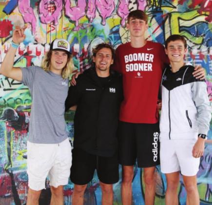 VIPs at Meet the Champions at Wakepoint LBJ on Saturday, May 22 were, from left: Llano High School senior Case Kuykendall, world champion wakeboarder Harley Clifford, Marble Falls High School senior Kason O’Riley and Burnet High School sophomore Hudson Bennett. Contributed