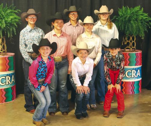 Saturday, May 4, at the Burnet County Rodeo Association 2024 Scholarship Pageant contestants (back) Hayden McCombs, Harley Brady, Zoe Ward (exhibitor), (middle) Ella MacFarland, Addison Steele, (front) Jade Simon, Baylee Steele and Aria Parks posed in their western wear.