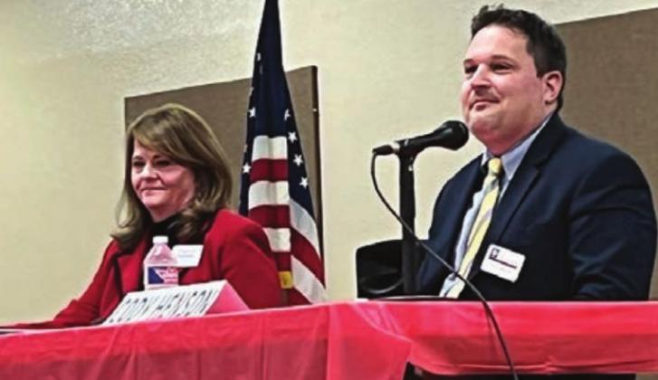 During the forum Jan. 27, court-at-law candidates Angela Dowdle and Cody Henson debated when judicial candidates should turn down campaign donations. Photos by Jeff Shabram/The Highlander