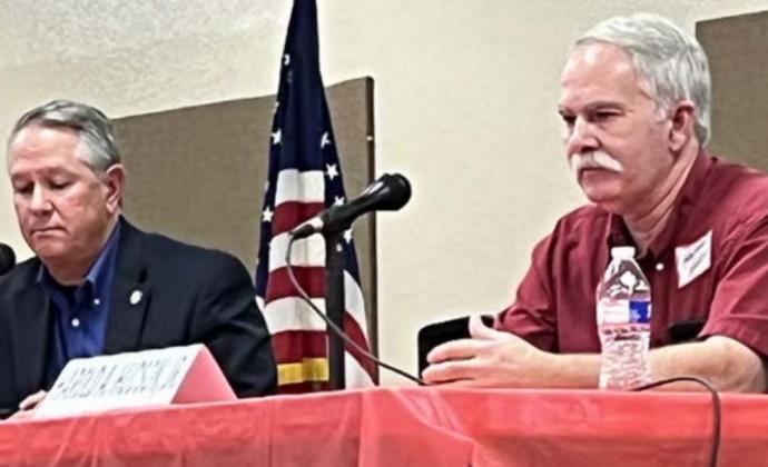 Incumbent Pct. 4 Commissioner Joe Don Dockery, left, and Harold A. Hudson Jr. talked debated an alleged incident where a fiber optic line was destroyed in 2013.