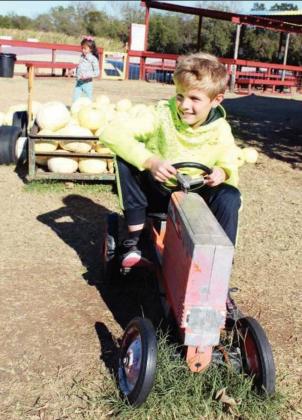 Samuel Graves of San Antonio jumped at the chance to simulate a tractor ride Oct. 28 on one of the vehicle props at Sweetberry Farm. Connie Swinney/The Highlander