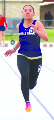 Martelle Luedecke/ Luedecke Photography Marble Falls freshman Madison Cuplin earns three gold medals in the long jump, triple jump and 100 meters and runs on the 400-meter and 800-meter relays.