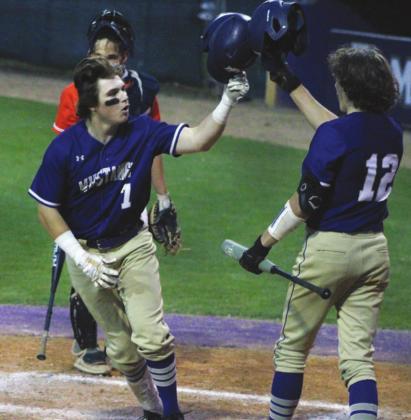 Mustangs senior Luke Nail (7) was ecstatic after his third inning solo home run against the Glenn Grizzlies. Nail went 2-for-3 at the plate with two RBIs in the Tuesday night game. Nathan Hendrix/The Highlander