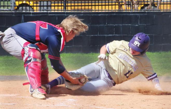 Far right: Sophomore Jake Carter gets caught at home trying to tag up after a fly ball.