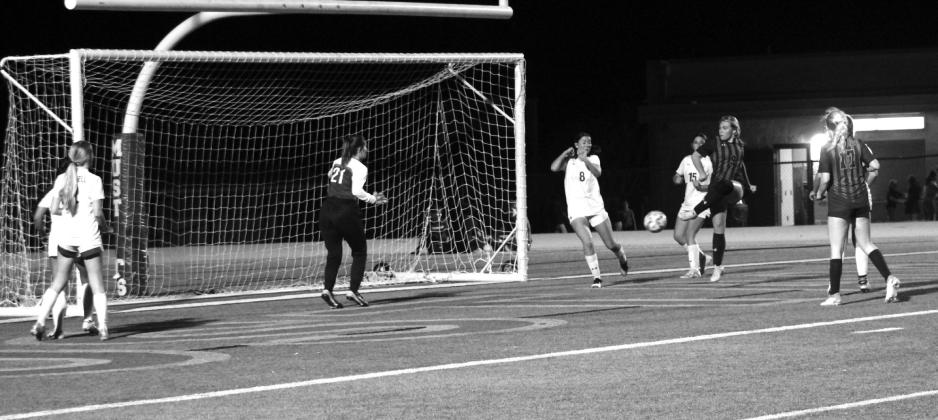 Presley Kahl finds the back of the net to give the Lady Mustangs a 3-0 lead against Jarrell midway through the second half. Photos by Jennifer Fierro/TexasChalkTalk.com