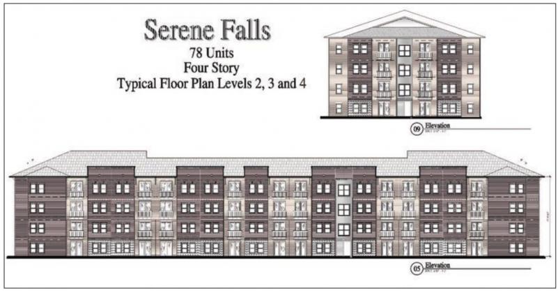 The proposed site plan and building elevations for the Serene Falls affordable housing project aimed at those over 55 meets the minimum zoning and building standards set by the municipality. Contributed/City of Marble Falls