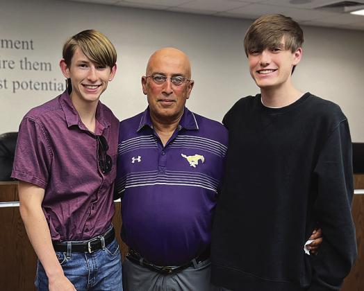 Marble Falls High School Cross Country honors went to Tyler Hamblin (left) and Nicholas Dahl, who were introduced by Coach Chris Schrader. Contributed Photos
